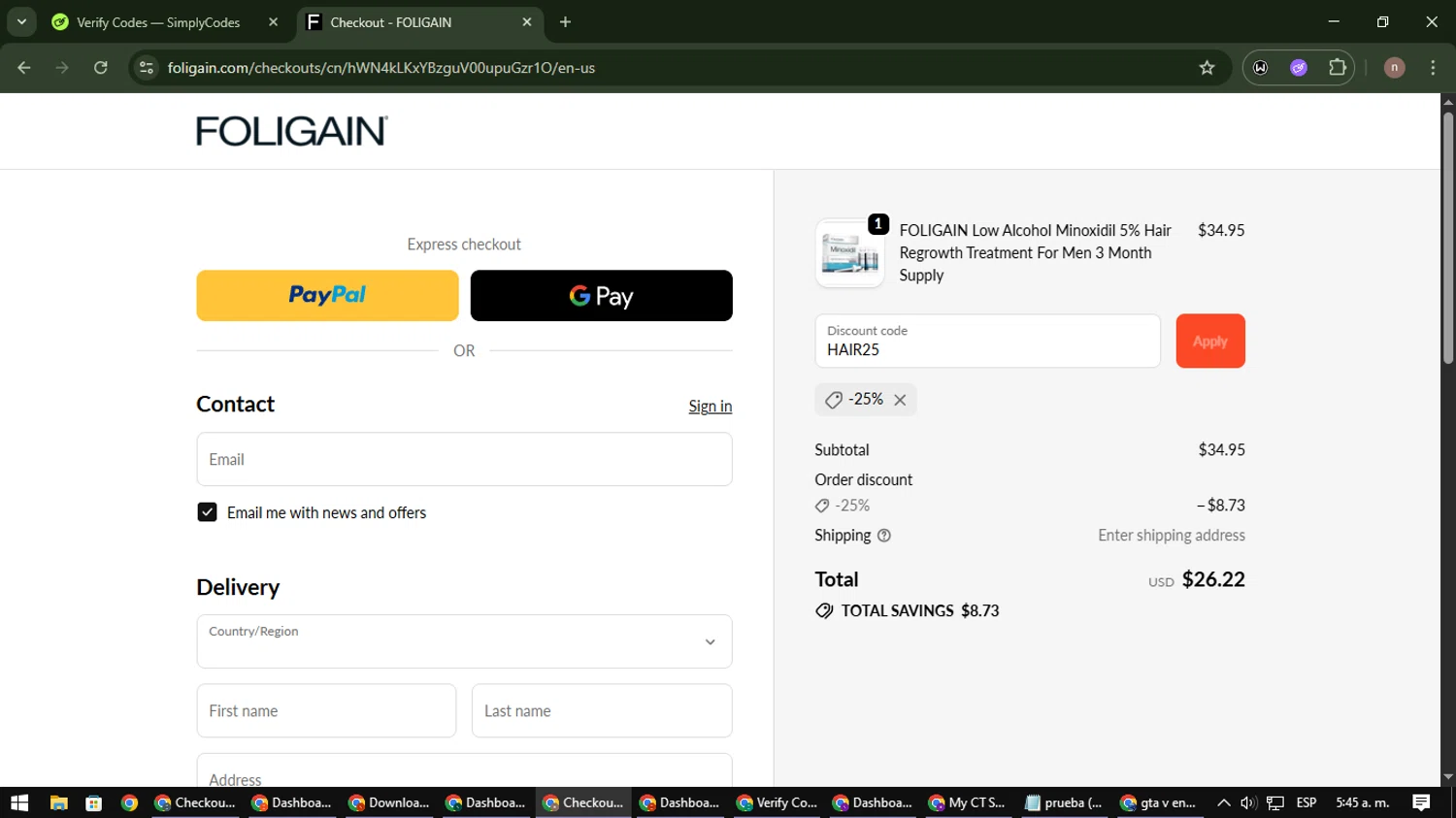 Foligain discount code screenshot showing code HAIR25 applied at Foligain checkout page. Uploaded by SimplyCodes community member SmartWarden8713 on Oct 31, 2025