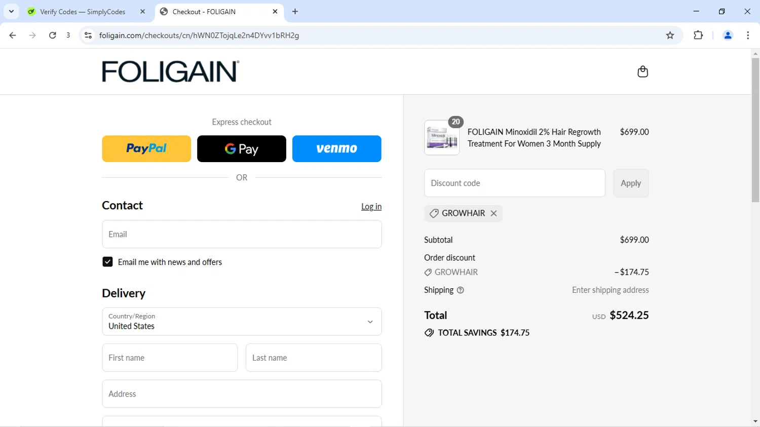 Foligain discount code screenshot showing code GROWHAIR applied at Foligain checkout page. Uploaded by SimplyCodes community member JoseVentura on Jul 13, 2025