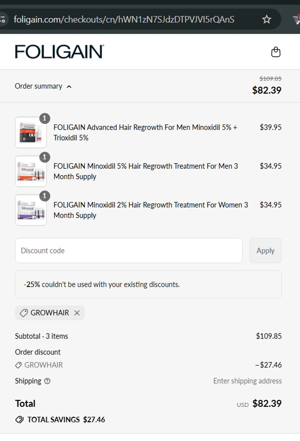 Foligain discount code screenshot showing code GROWHAIR applied at Foligain checkout page. Uploaded by SimplyCodes community member LuisGaBa on Aug 19, 2025