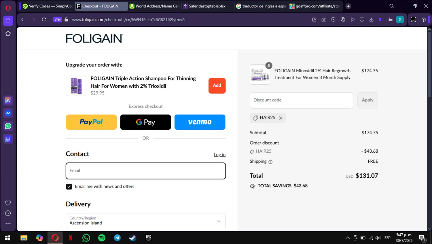 Foligain discount code screenshot showing code GROWHAIR applied at Foligain checkout page. Uploaded by SimplyCodes community member ValiantWarden3907 on Jul 30, 2025