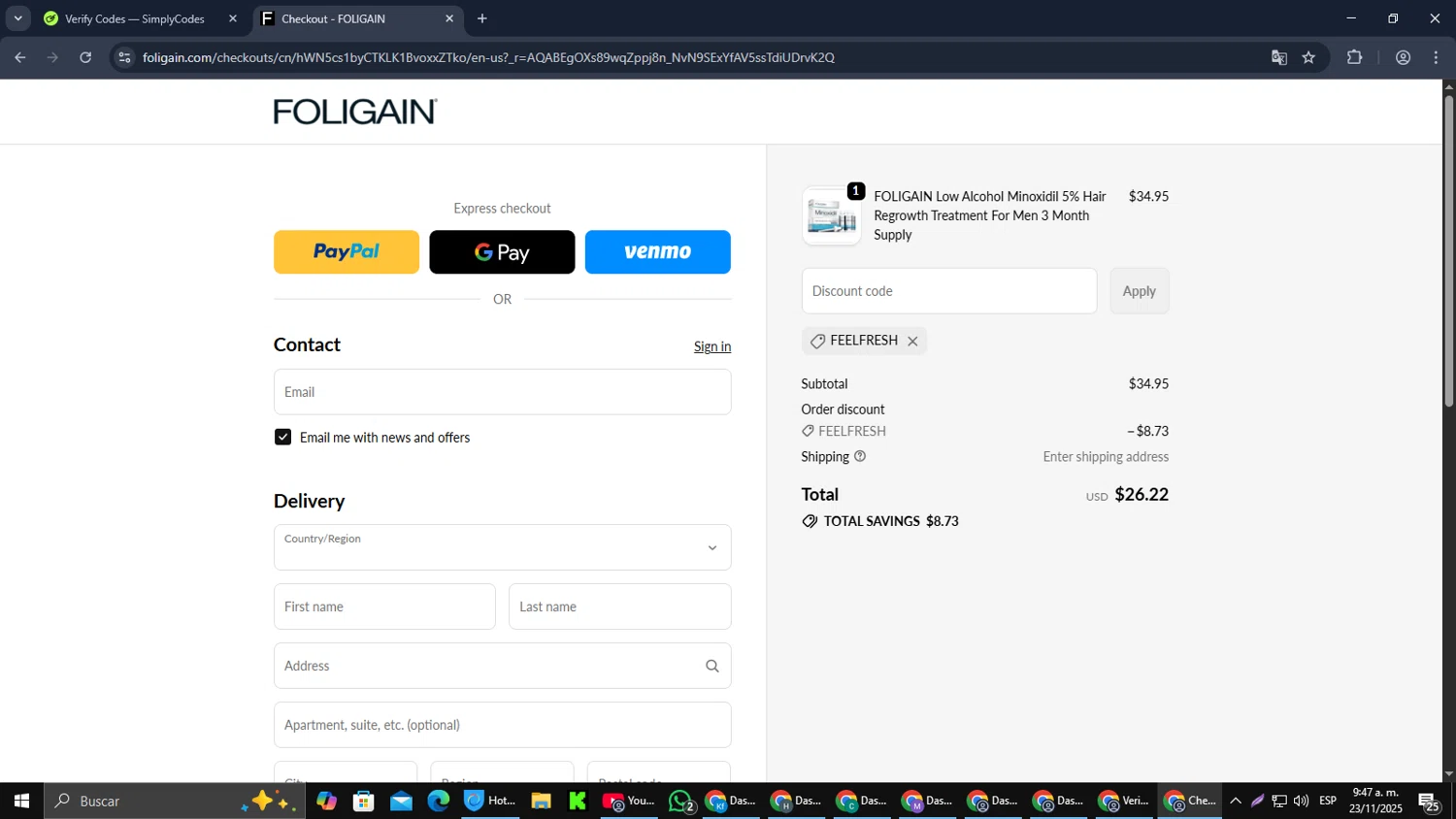 Foligain discount code screenshot showing code FEELFRESH applied at Foligain checkout page. Uploaded by SimplyCodes community member Cynoxx on Nov 23, 2025