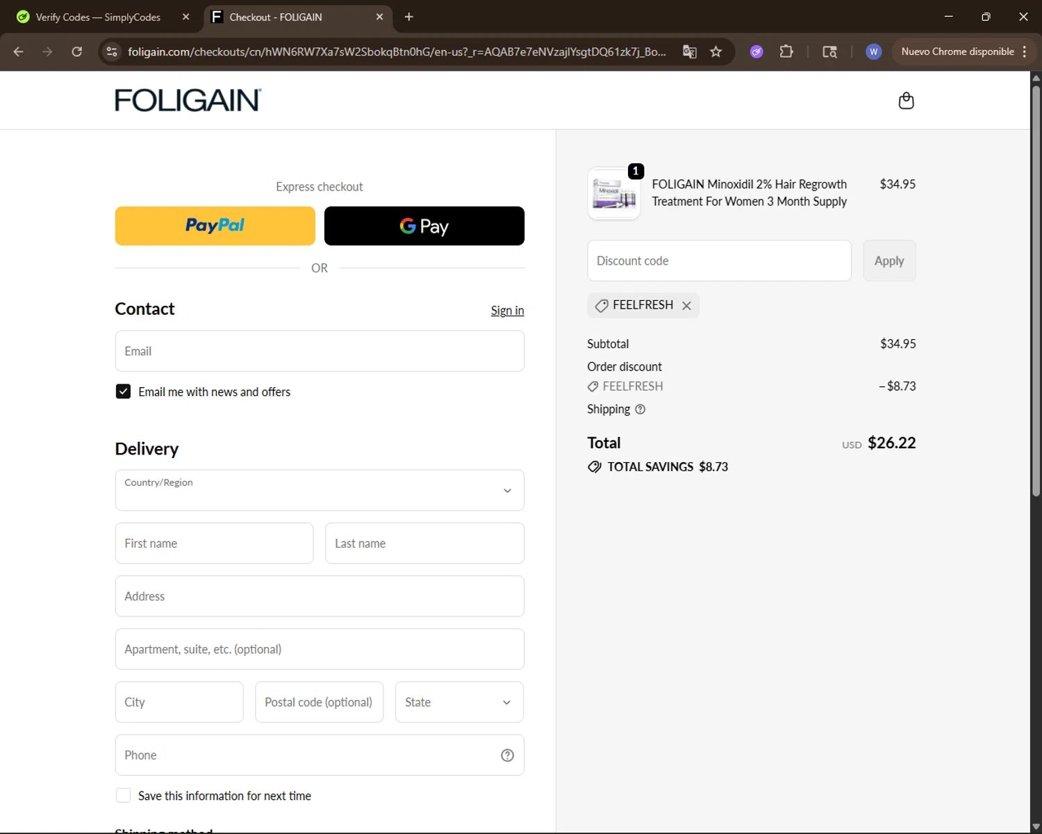 Foligain discount code screenshot showing code FEELFRESH applied at Foligain checkout page. Uploaded by SimplyCodes community member VoucherElite7352 on Dec 15, 2025