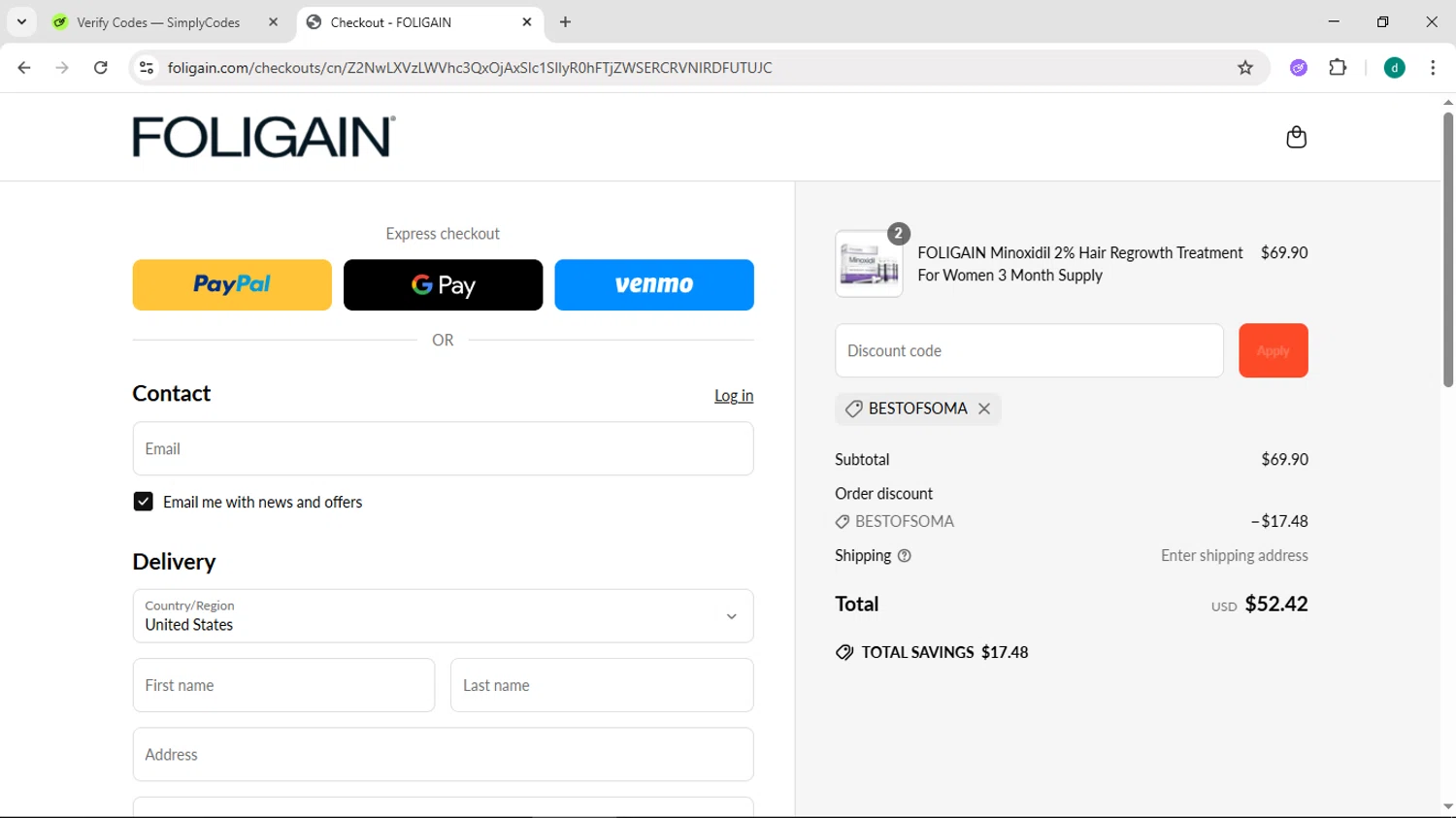 Foligain discount code screenshot showing code BESTOFSOMA applied at Foligain checkout page. Uploaded by SimplyCodes community member HEROESCUDA on May 26, 2025