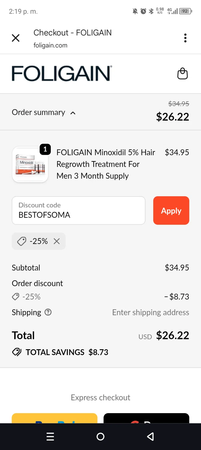Foligain discount code screenshot showing code BESTOFSOMA applied at Foligain checkout page. Uploaded by SimplyCodes community member leiraM on Oct 17, 2025