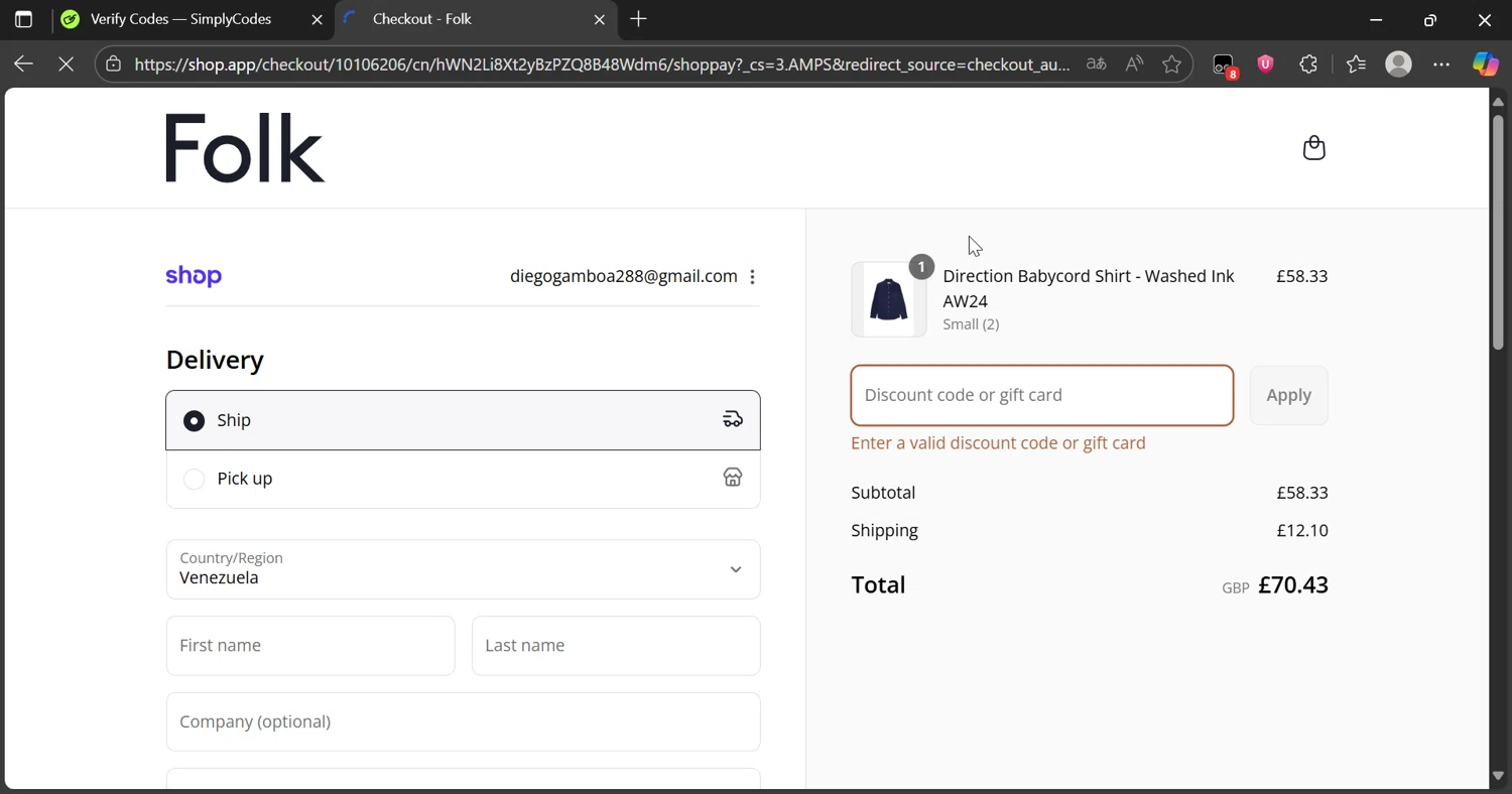 Folk Clothing discount code screenshot showing code EXTRA20 applied at Folk Clothing checkout page. Uploaded by SimplyCodes community member Lamine_Yamal on Aug 29, 2025