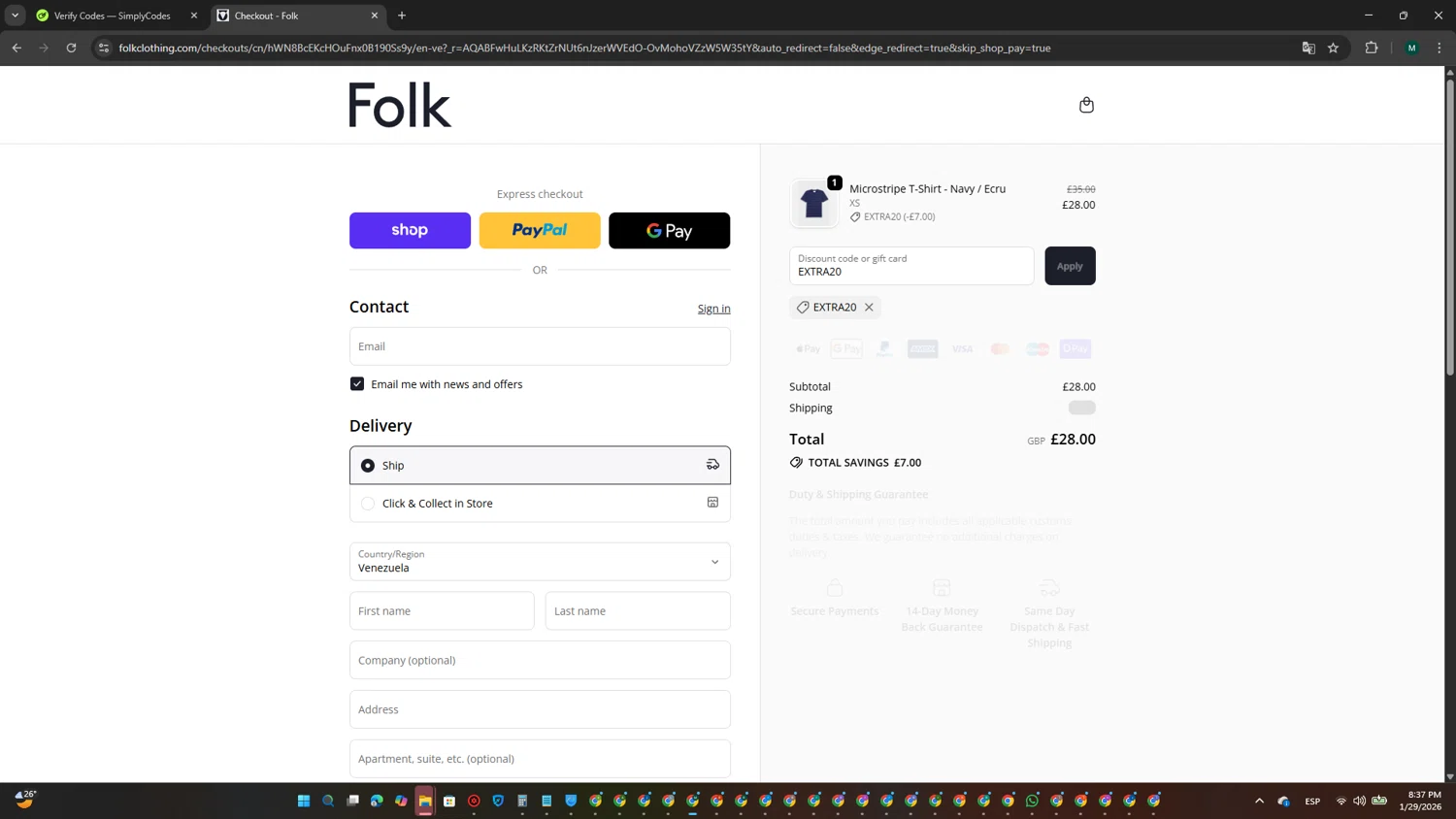Folk Clothing checkout page showing Folk Clothing discount code box | Screenshot taken by SimplyCodes community member on Jan 30, 2026