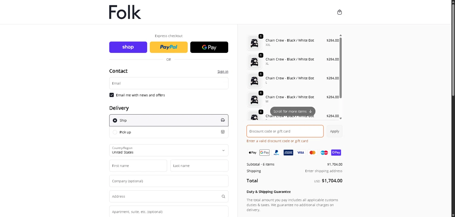 Folk Clothing discount code screenshot showing code EXTRA20 applied at Folk Clothing checkout page. Uploaded by SimplyCodes community member PromoElite4745 on Feb 20, 2026