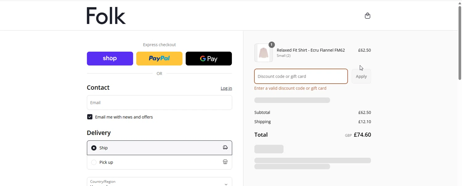 Folk Clothing discount code screenshot showing code EXTRA20 applied at Folk Clothing checkout page. Uploaded by SimplyCodes community member daysmarlopez on Aug 29, 2025