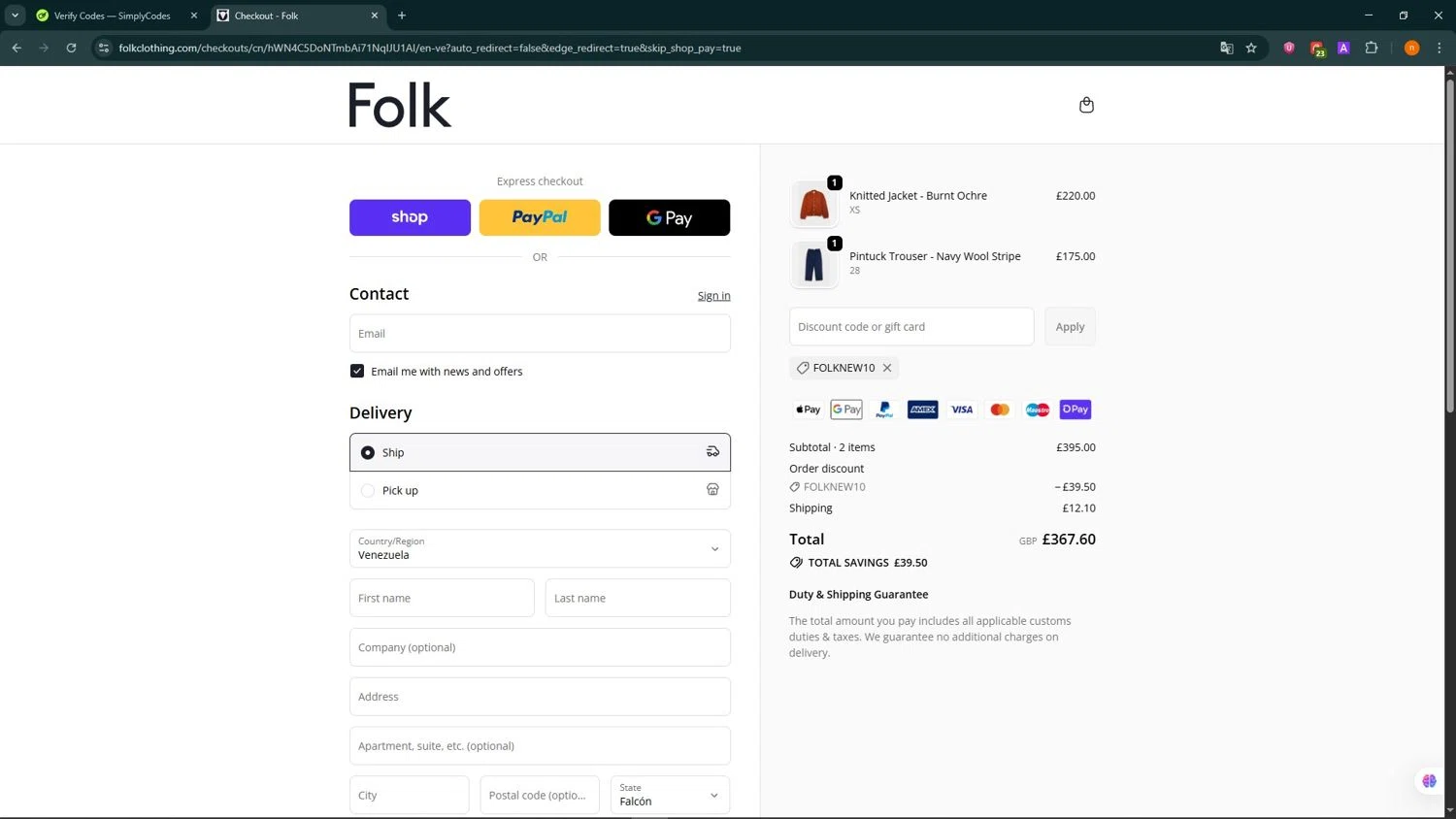 Folk Clothing discount code screenshot showing code FOLKNEW10 applied at Folk Clothing checkout page. Uploaded by SimplyCodes community member NobleScholar188 on Oct 16, 2025