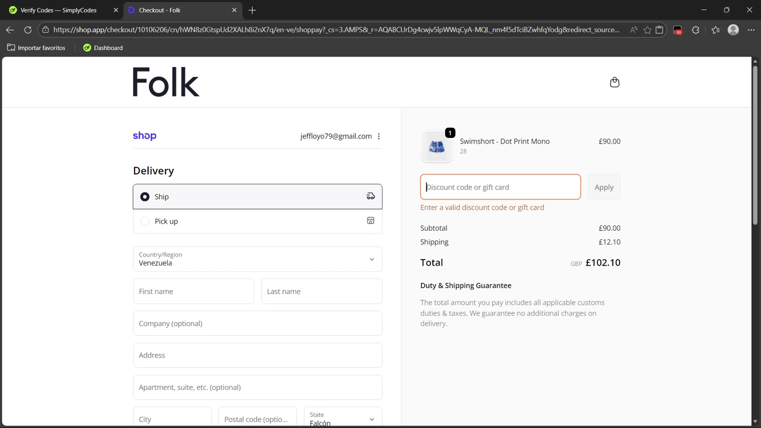 Folk Clothing discount code screenshot showing code FOLKNEW10 applied at Folk Clothing checkout page. Uploaded by SimplyCodes community member dragonjeffer_93a9 on Feb 20, 2026