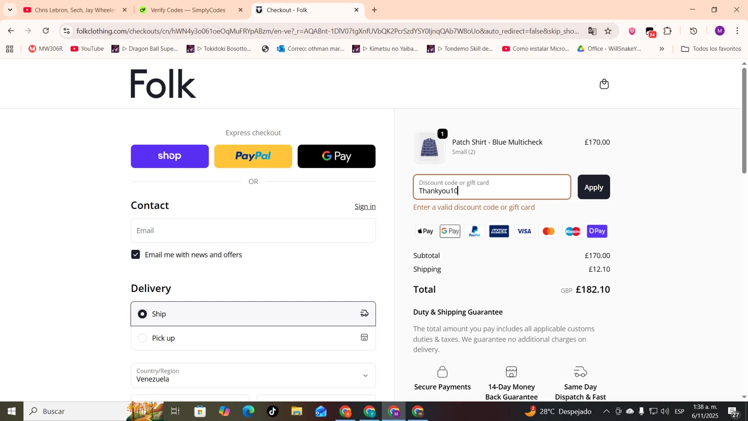 Folk Clothing discount code screenshot showing code Thankyou10 applied at Folk Clothing checkout page. Uploaded by SimplyCodes community member cod_gakpo on Nov 6, 2025