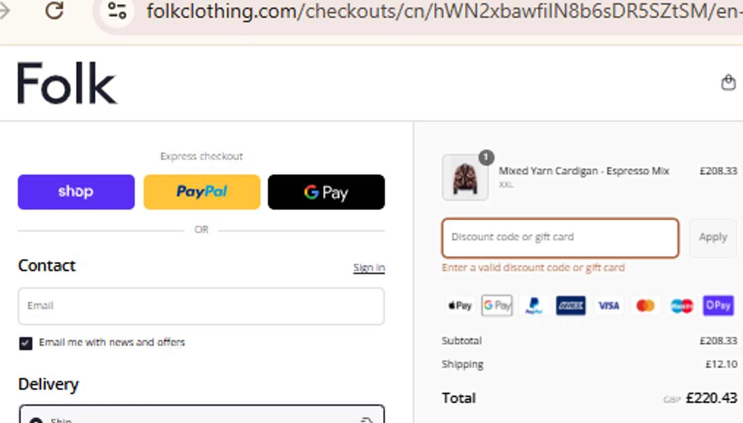 Folk Clothing discount code screenshot showing code 10 applied at Folk Clothing checkout page. Uploaded by SimplyCodes community member BudgetLion5814 on Sep 14, 2025