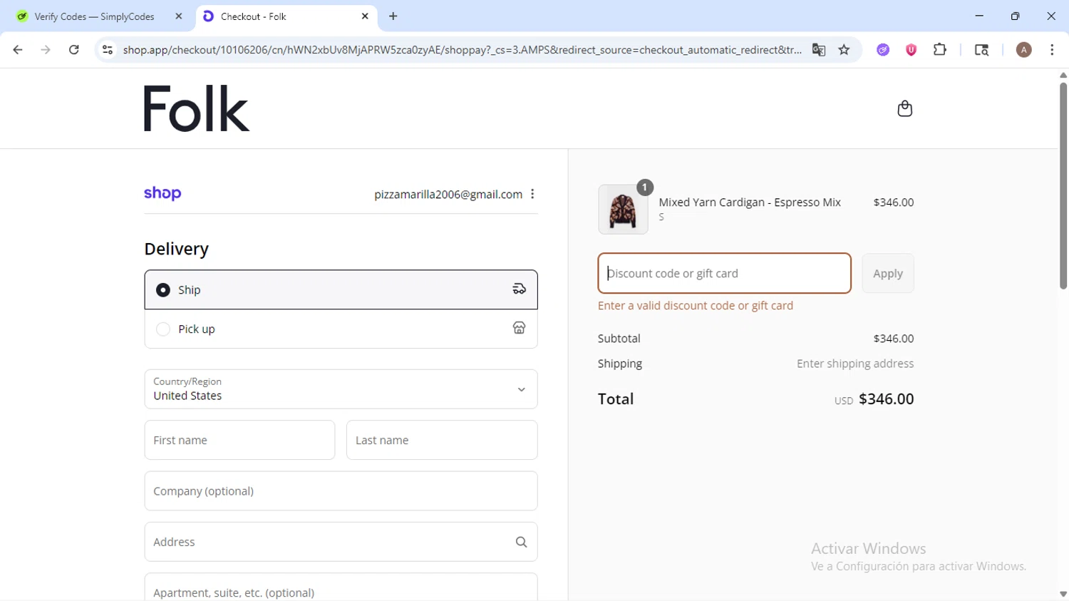 Folk Clothing discount code screenshot showing code 10 applied at Folk Clothing checkout page. Uploaded by SimplyCodes community member SwiftSage2309 on Sep 14, 2025