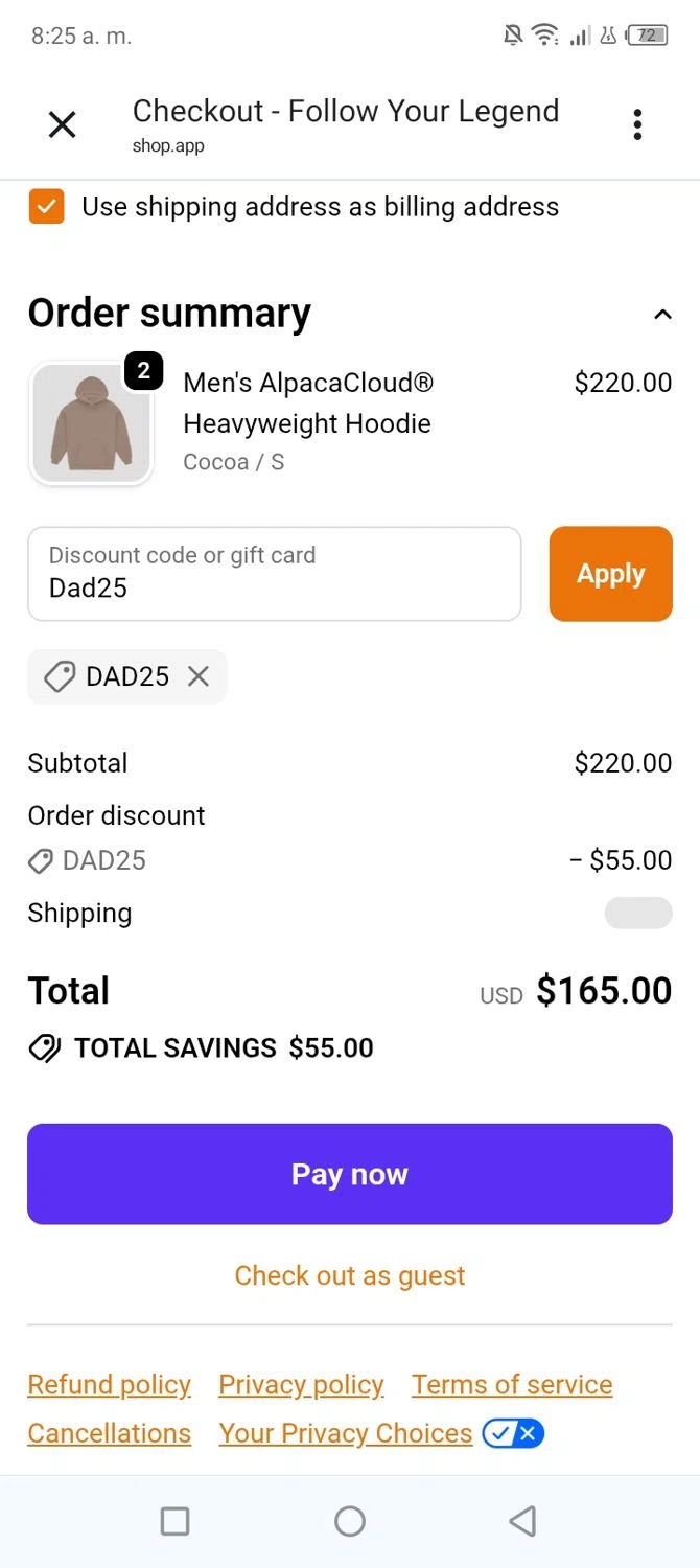 Follow Your Legend promo code screenshot showing code Dad25 applied at Follow Your Legend checkout page. Uploaded by SimplyCodes community member BonusVoyager4214 on Jun 16, 2026