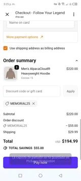 Memorial25 coupon verification screenshot