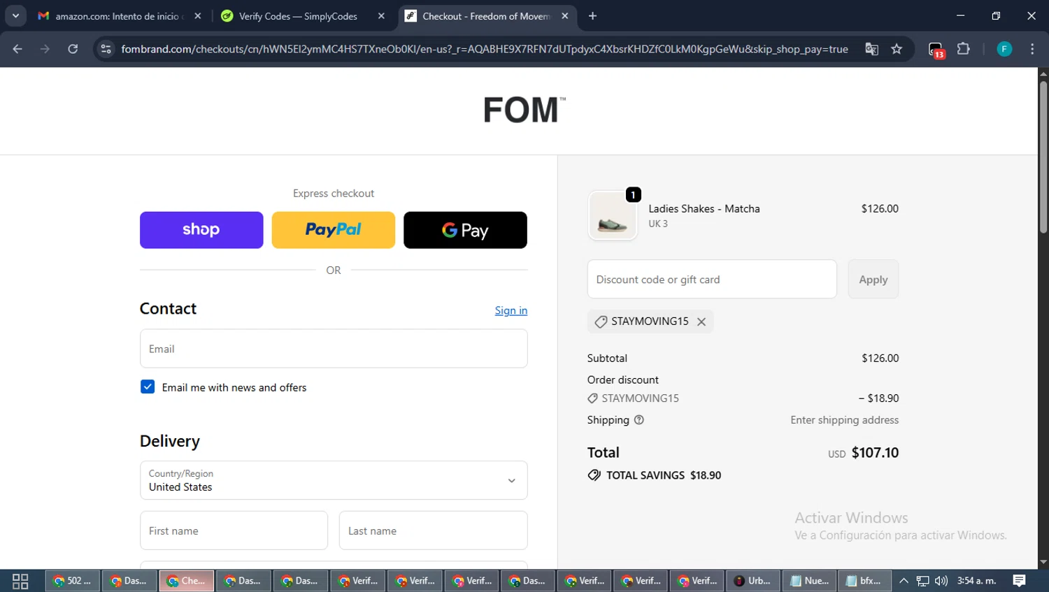 Freedom Of Movement discount code screenshot showing code STAYMOVING15 applied at Freedom Of Movement checkout page. Uploaded by SimplyCodes community member ShrewdTitan3233 on Nov 13, 2025