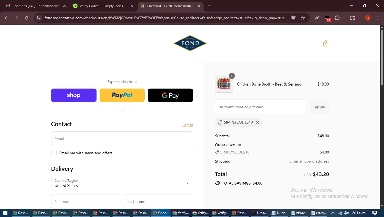 FOND Bone Broth Tonics promo code screenshot showing code simplycodes10 applied at FOND Bone Broth Tonics checkout page. Uploaded by SimplyCodes community member DiscountExpert6435 on Sep 8, 2025