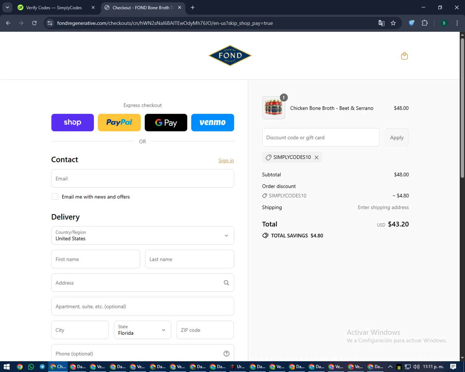 FOND Bone Broth Tonics promo code screenshot showing code simplycodes10 applied at FOND Bone Broth Tonics checkout page. Uploaded by SimplyCodes community member lilMosey on Sep 12, 2025