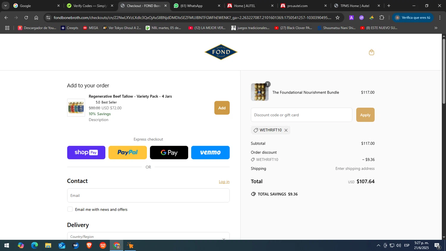 FOND Bone Broth Tonics promo code screenshot showing code WETHRIFT10 applied at FOND Bone Broth Tonics checkout page. Uploaded by SimplyCodes community member JuanChi on Jun 21, 2025