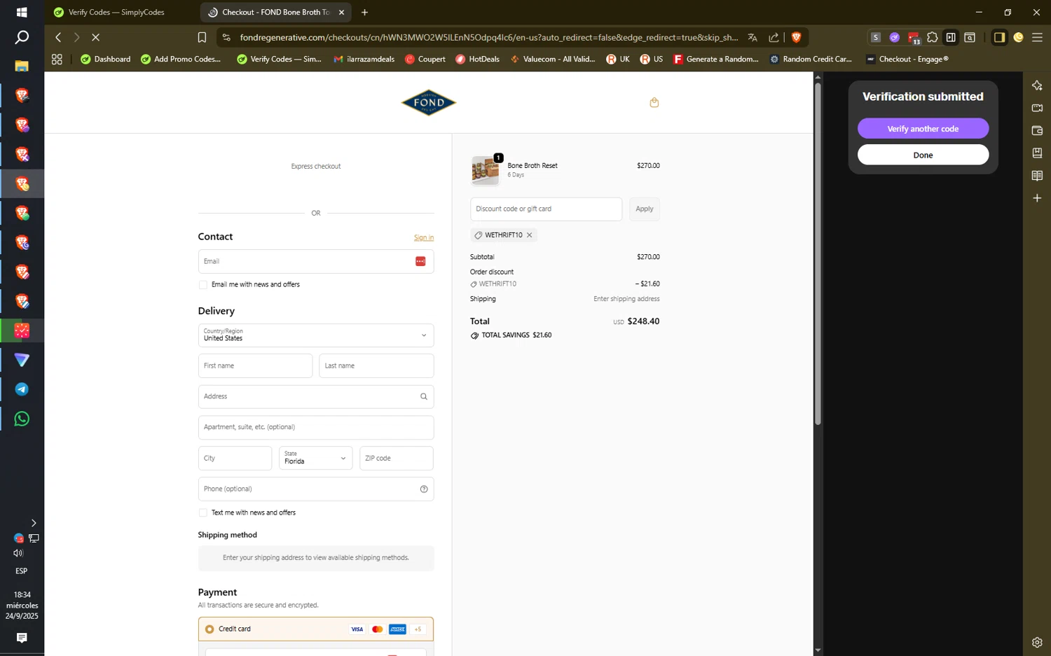 FOND Bone Broth Tonics promo code screenshot showing code WETHRIFT10 applied at FOND Bone Broth Tonics checkout page. Uploaded by SimplyCodes community member HiddenPulse7619 on Sep 24, 2025