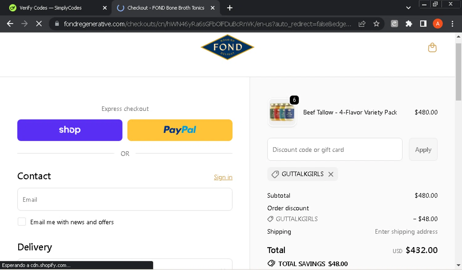 FOND Bone Broth Tonics promo code screenshot showing code guttalkgirls applied at FOND Bone Broth Tonics checkout page. Uploaded by SimplyCodes community member GloriousOwl8819 on Oct 14, 2025