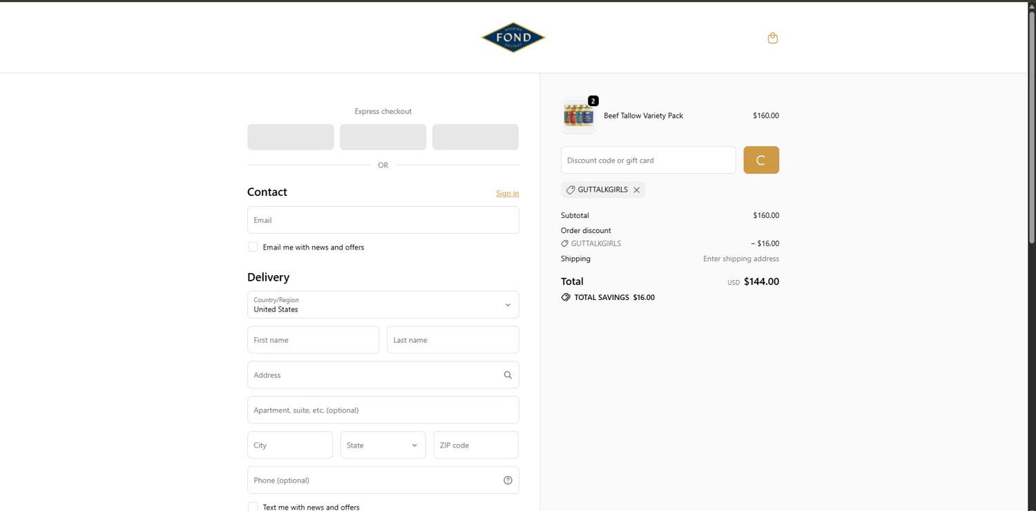 FOND Bone Broth Tonics promo code screenshot showing code guttalkgirls applied at FOND Bone Broth Tonics checkout page. Uploaded by SimplyCodes community member RewardPhoenix3732 on Oct 27, 2025
