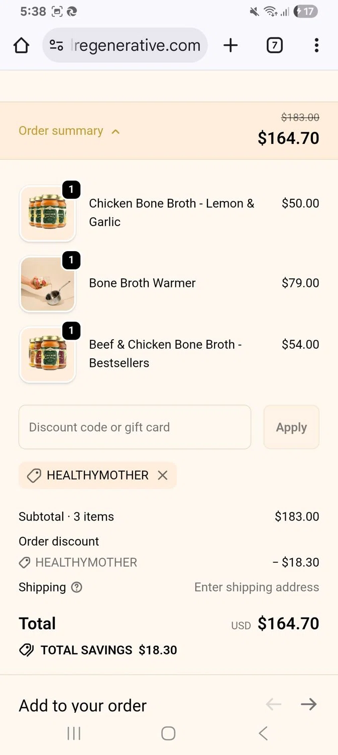 FOND Bone Broth Tonics promo code screenshot showing code Healthymother applied at FOND Bone Broth Tonics checkout page. Uploaded by SimplyCodes community member KarinaHZ on Dec 18, 2025