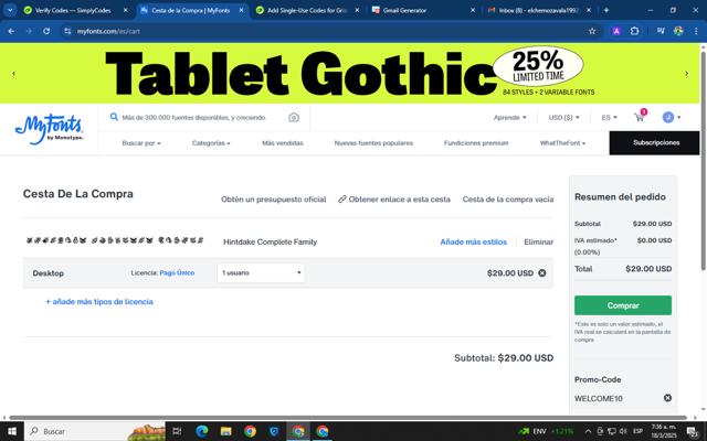 Fonts.com checkout page showing Fonts.com promo code box | Screenshot taken by SimplyCodes community member on Mar 18, 2025