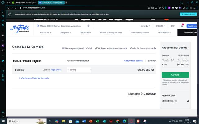 Fonts.com checkout page showing Fonts.com promo code box | Screenshot taken by SimplyCodes community member on Feb 6, 2025