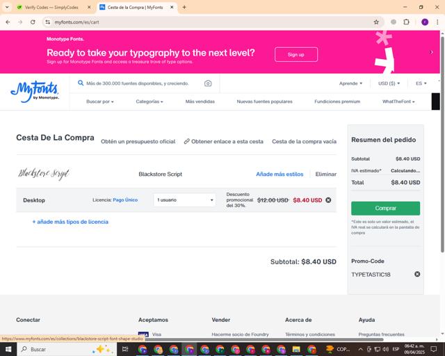 Fonts.com checkout page showing Fonts.com promo code box | Screenshot taken by SimplyCodes community member on Apr 9, 2025