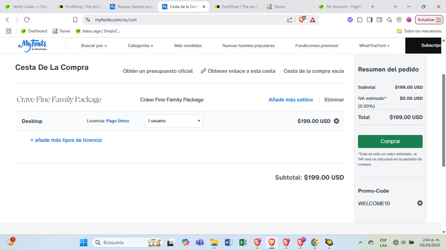FontShop promo code screenshot showing code WELCOME10 applied at FontShop checkout page. Uploaded by SimplyCodes community member BrilliantSpotter8809 on May 23, 2025
