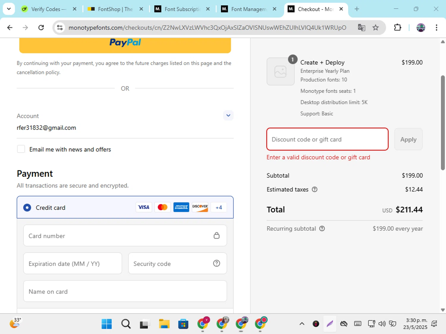 FontShop promo code screenshot showing code WELCOME10 applied at FontShop checkout page. Uploaded by SimplyCodes community member DiscountGenius6081 on May 23, 2025