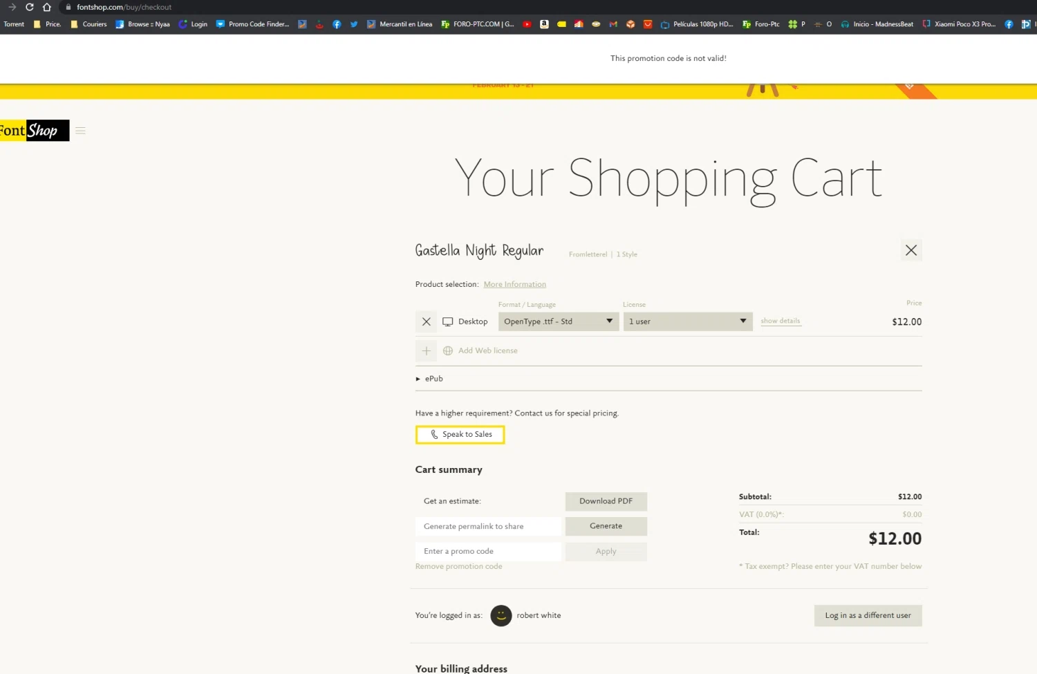 FontShop checkout page showing FontShop promo code box | Screenshot taken by SimplyCodes community member on Feb 21, 2023