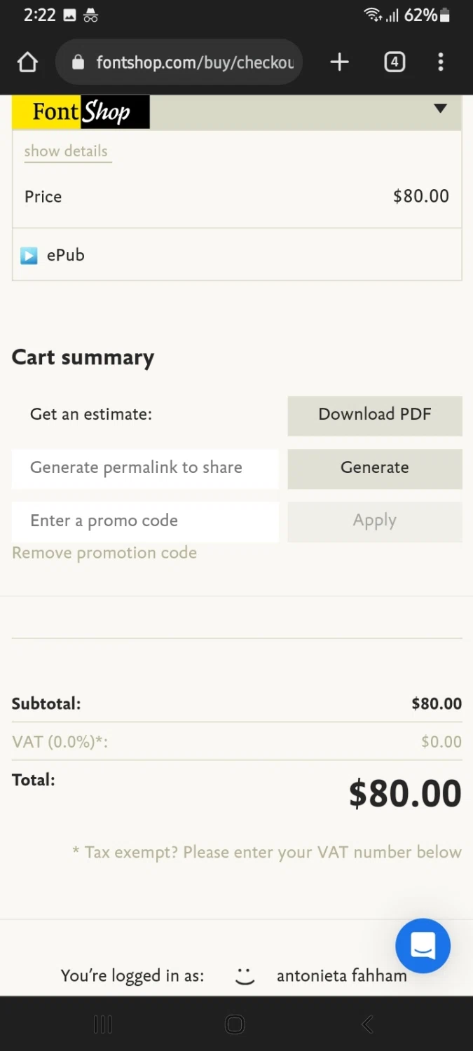 FontShop checkout page showing FontShop promo code box | Screenshot taken by SimplyCodes community member on Jan 10, 2023