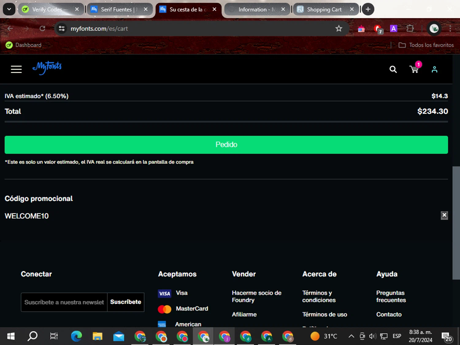 FontShop checkout page showing FontShop promo code box | Screenshot taken by SimplyCodes community member on Jul 20, 2024