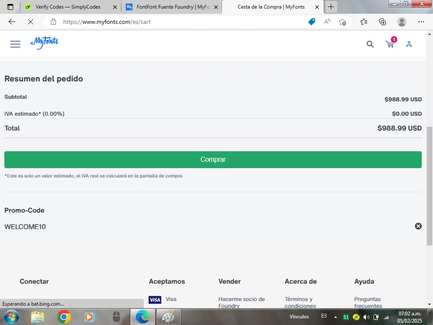 FontShop promo code screenshot showing code WELCOME10 applied at FontShop checkout page. Uploaded by SimplyCodes community member frederf on Feb 5, 2025