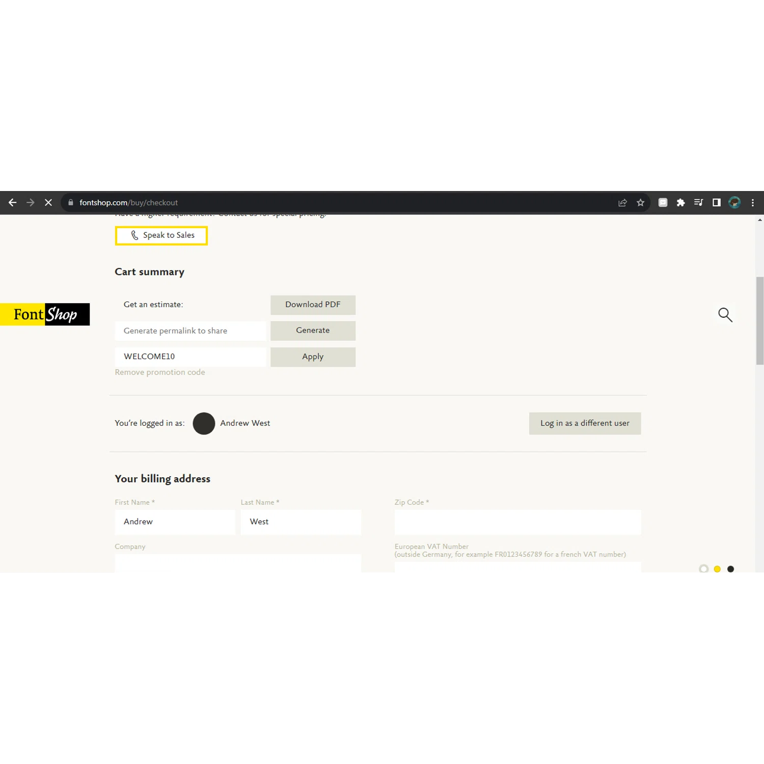 FontShop checkout page showing FontShop promo code box | Screenshot taken by SimplyCodes community member on Sep 8, 2023