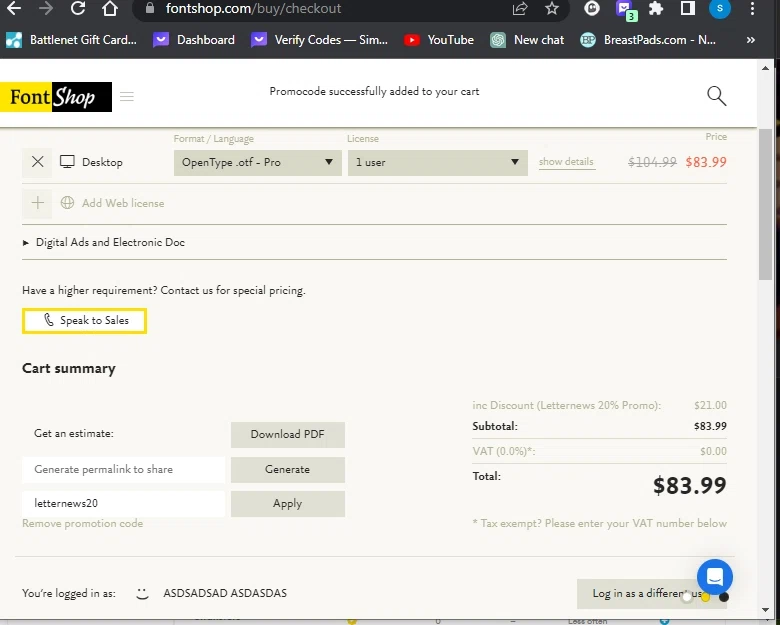 FontShop checkout page showing FontShop promo code box | Screenshot taken by SimplyCodes community member on Jun 6, 2023