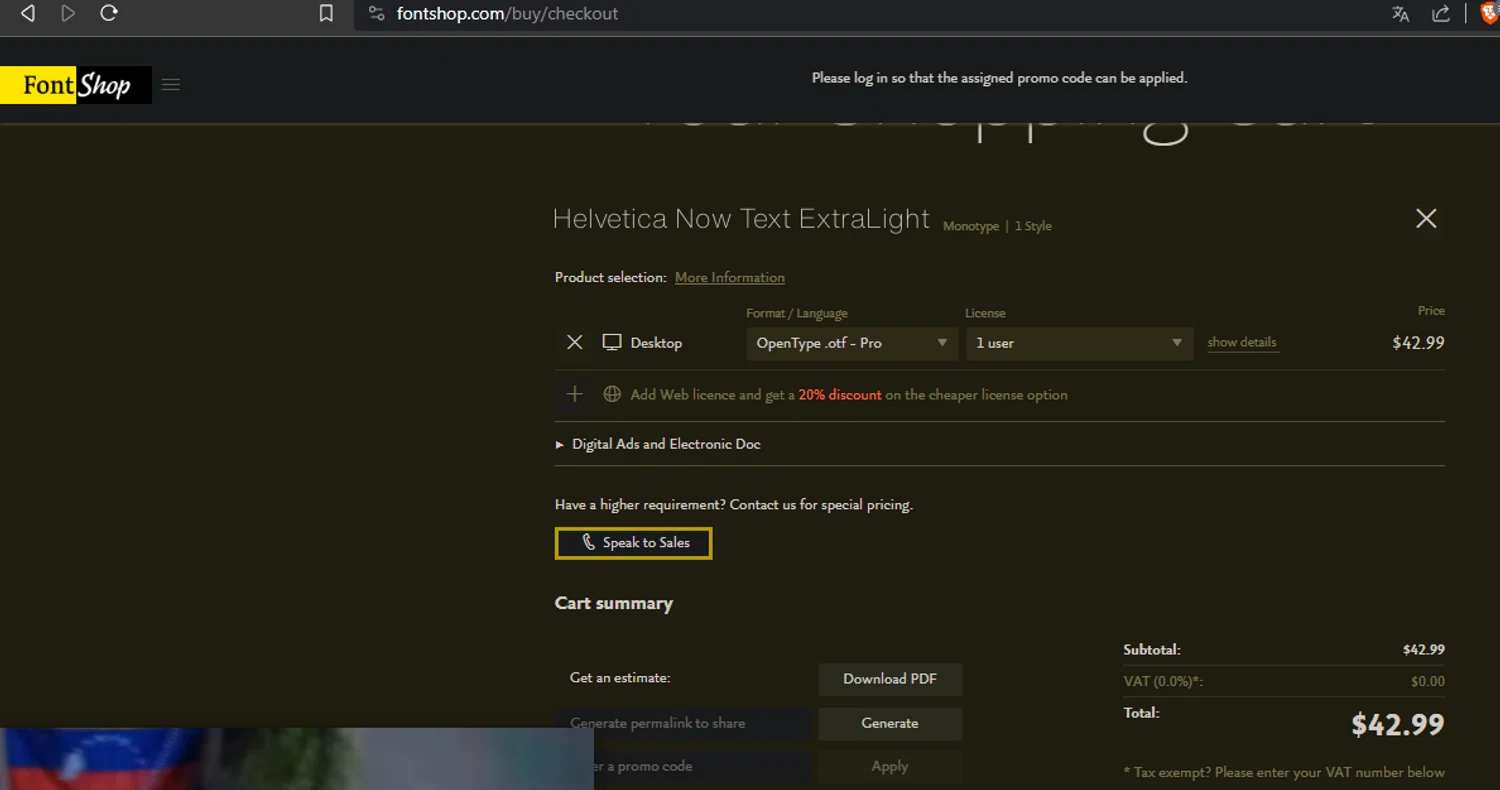 FontShop checkout page showing FontShop promo code box | Screenshot taken by SimplyCodes community member on Oct 10, 2023