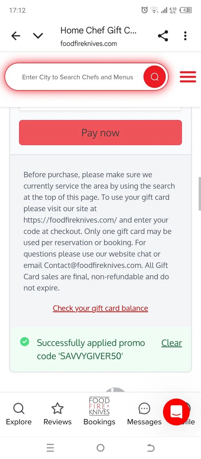 Food Fire + Knives promo code screenshot showing code SAVVYGIVER50 applied at Food Fire + Knives checkout page. Uploaded by SimplyCodes community member 502312 on Nov 17, 2025