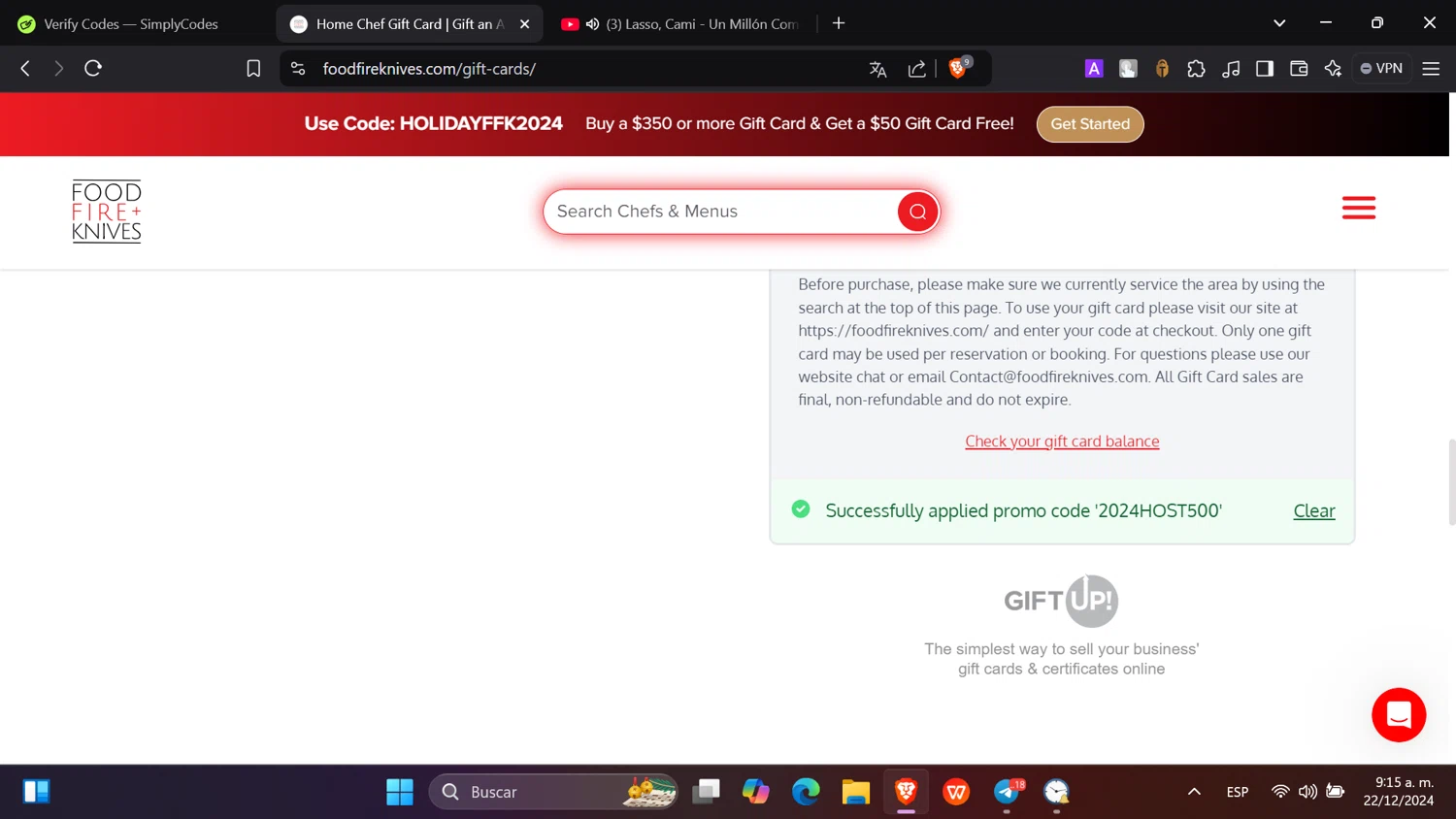 Food Fire + Knives checkout page showing Food Fire + Knives promo code box | Screenshot taken by SimplyCodes community member on Dec 22, 2024