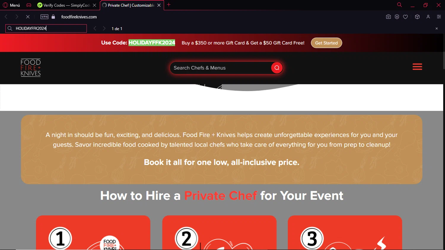 Food Fire + Knives checkout page showing Food Fire + Knives promo code box | Screenshot taken by SimplyCodes community member on Dec 16, 2024