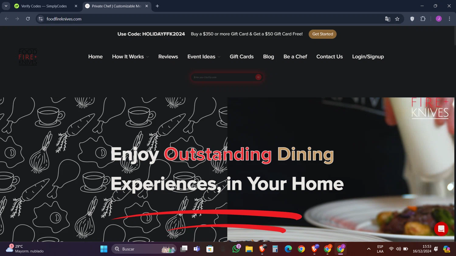 Food Fire + Knives checkout page showing Food Fire + Knives promo code box | Screenshot taken by SimplyCodes community member on Dec 16, 2024