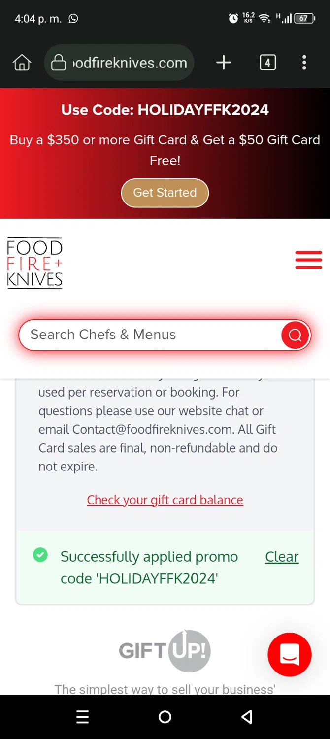 Food Fire + Knives checkout page showing Food Fire + Knives promo code box | Screenshot taken by SimplyCodes community member on Dec 16, 2024