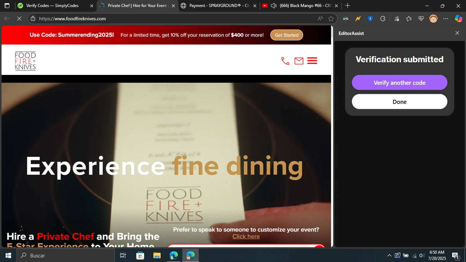 Food Fire + Knives promo code screenshot showing code Summerfun2025 applied at Food Fire + Knives checkout page. Uploaded by SimplyCodes community member Blackleg_Sanji on Jul 20, 2025