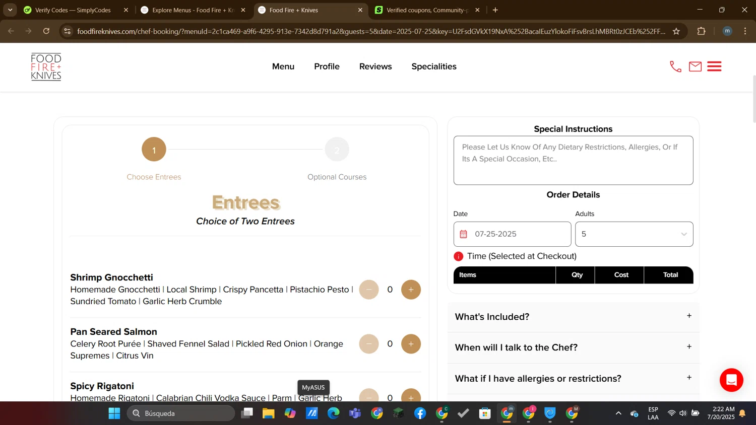 Food Fire + Knives promo code screenshot showing code Summerfun2025 applied at Food Fire + Knives checkout page. Uploaded by SimplyCodes community member DTBERA2024 on Jul 20, 2025