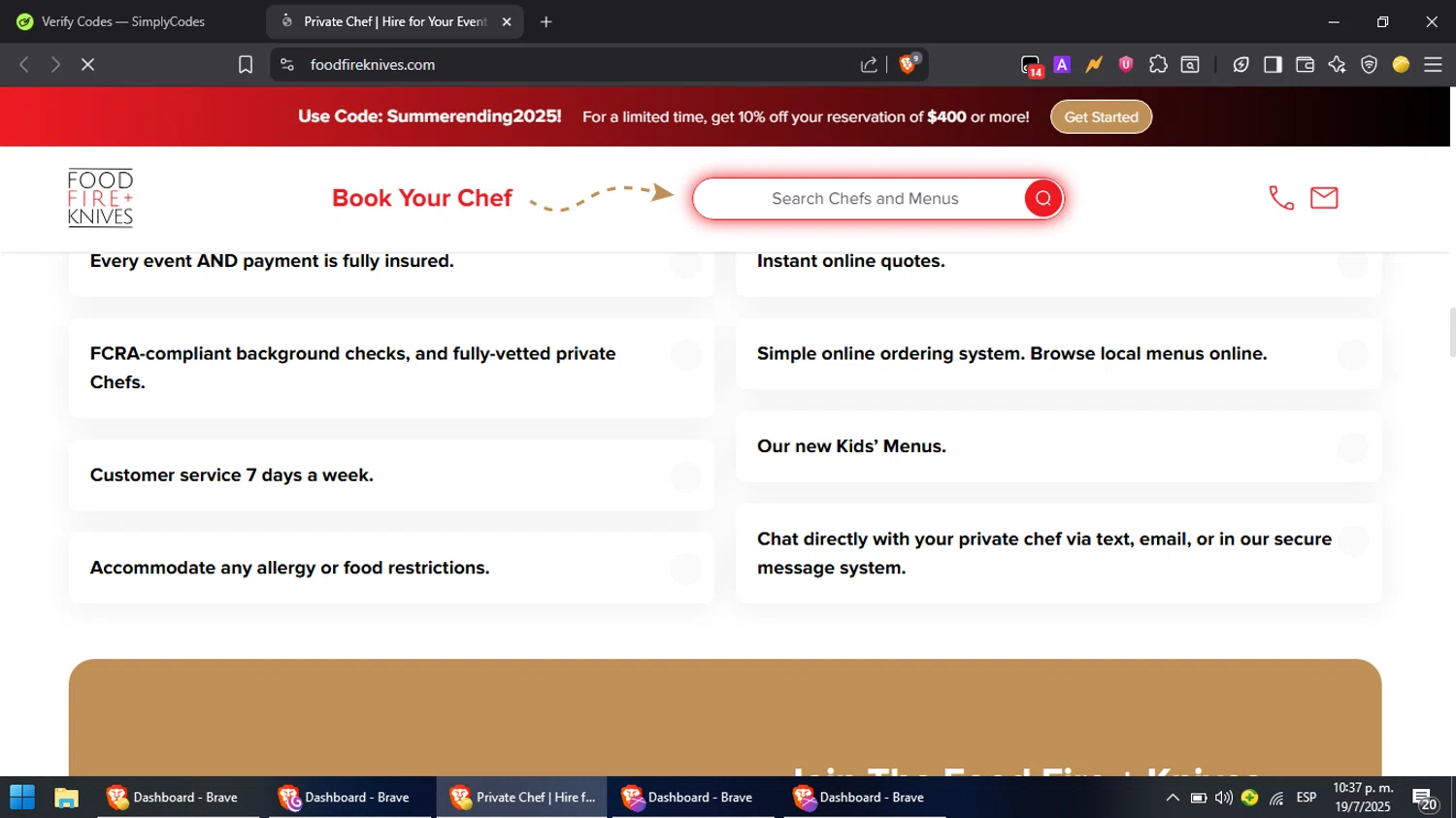 Food Fire + Knives promo code screenshot showing code Summerfun2025 applied at Food Fire + Knives checkout page. Uploaded by SimplyCodes community member PromoScout8746 on Jul 20, 2025