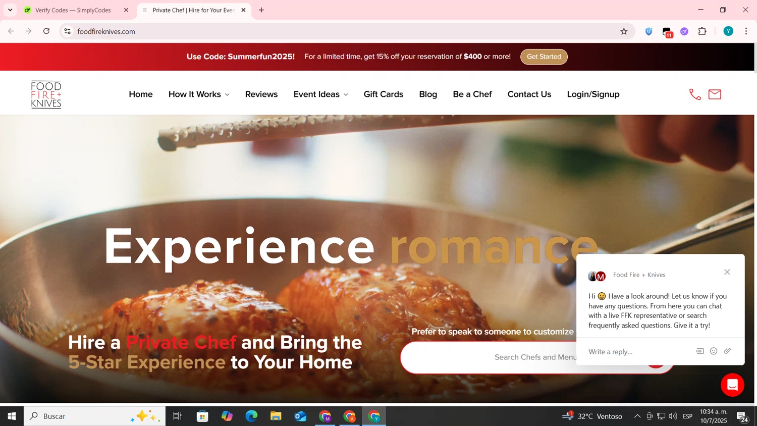 Food Fire + Knives checkout page showing Food Fire + Knives promo code box | Screenshot taken by SimplyCodes community member on Jul 10, 2025