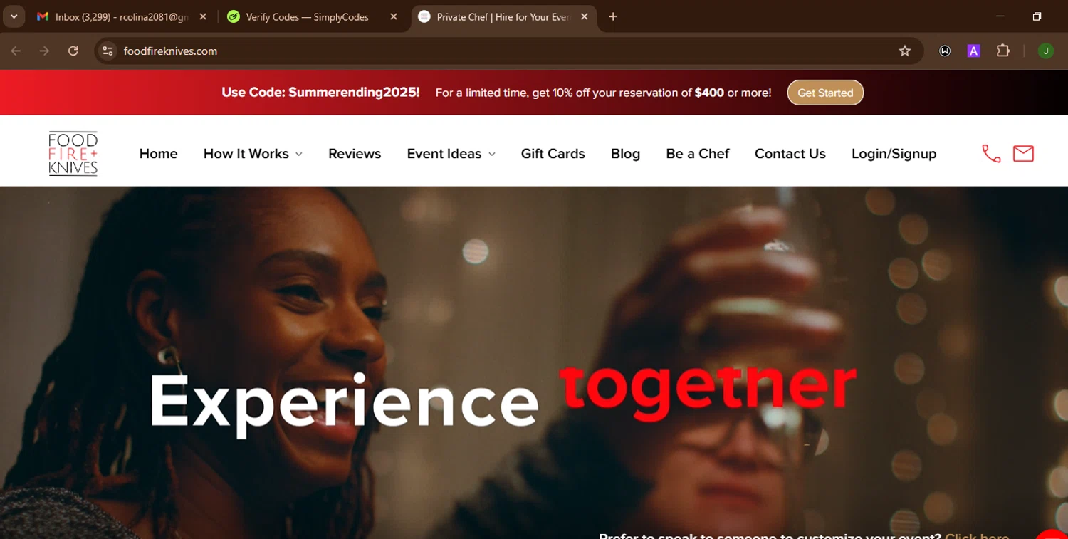 Food Fire + Knives promo code screenshot showing code Summerending2025 applied at Food Fire + Knives checkout page. Uploaded by SimplyCodes community member SnoopDogg on Aug 16, 2025