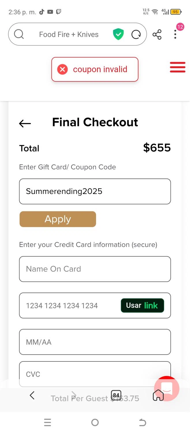 Food Fire + Knives promo code screenshot showing code Summerending2025 applied at Food Fire + Knives checkout page. Uploaded by SimplyCodes community member chepipi on Sep 14, 2025